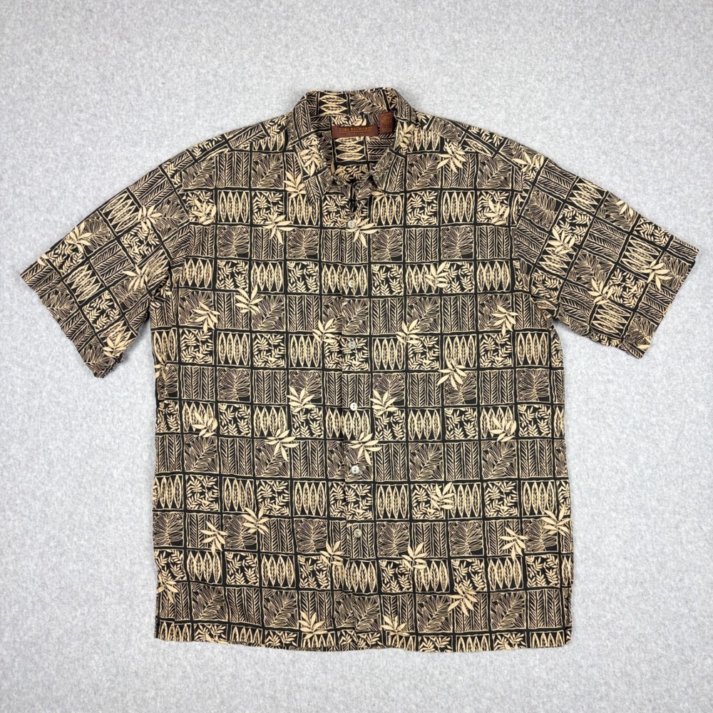 Tori Richard Hawaiian Shirt Mens L Cotton Lawn Black Tan Tropical Leaf Print USA